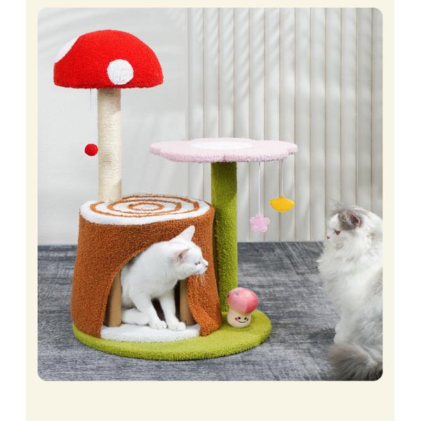 Cat Scratching Post and Hanging Toys Mushroom Cat Tree House for Living Room Cats