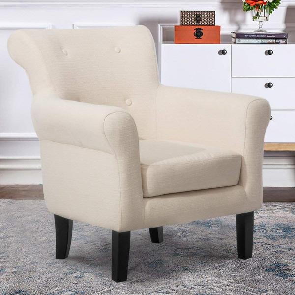Accent Chair Fabric Living Room Armchair Upholstered Club With Solid Wood Leg Beige