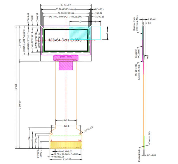 0.96 Inch 128x64 Dot Matrix OLED Display with ZIF Connector and SPI I2C Interface