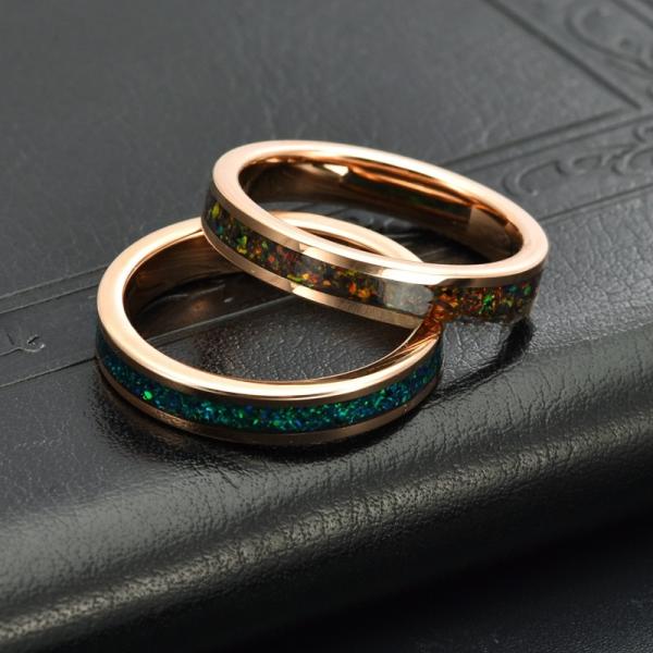 4mm Tungsten Colorful Opal Ring Rose Gold Plated Blue Green Opal Inlay Wedding Engagement Ring for Women's Unisex Jewelry