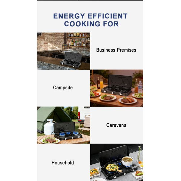Portable Three Burner Gas Stove Offering Versatile Cooking Solutions with Adjustable Flame and Robust Construction