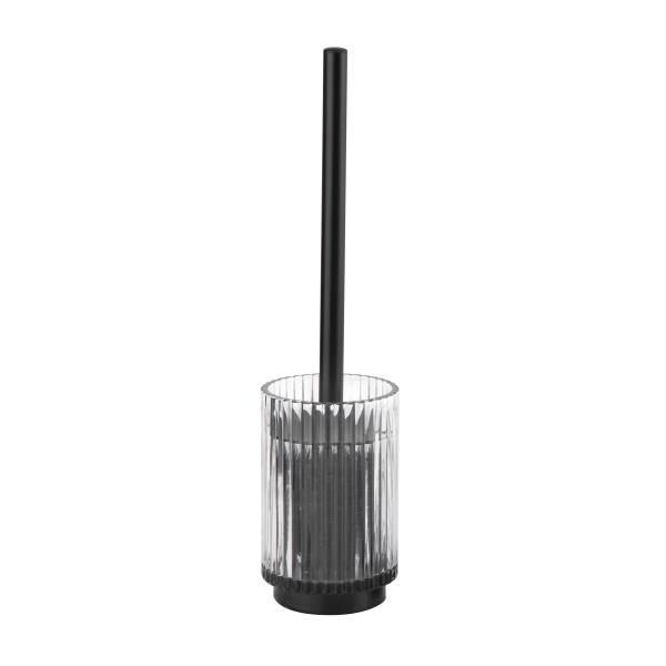 Accessoires de salle de bain en verre transparent ensemble de forme ronde avec bande verticale et base d'impression noire Dispensateur de savon en verre Porteur de pot de coton