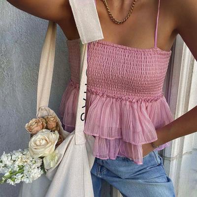 Pink Sexy Womens Summer Cami Tops Hem Mesh Spliced With Lotus Leaf Design
