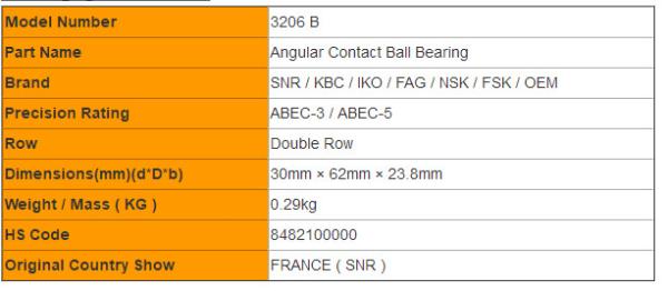 SNR Brand 3206 B Double Row Angular Contact Ball Bearing Black Cage / Brown Cage