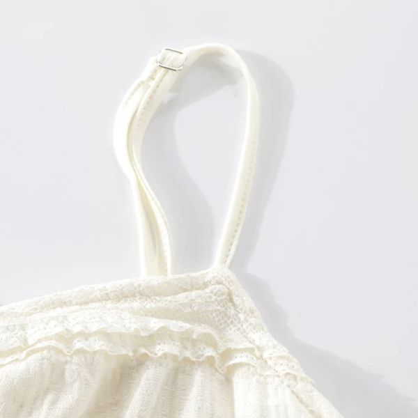 Elegant White Lace Camisole - Smocked Bodice & Ruffled Hem (White)