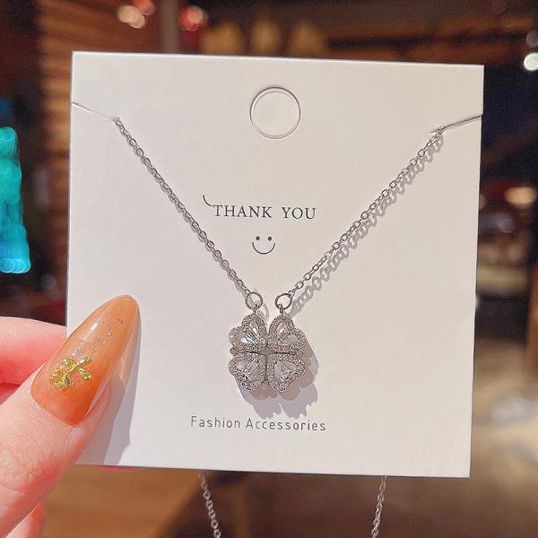 Hot Selling  Clover Heart Necklaces Customize Women Gold Plated Stainless Steel Diamond Leaf  Four Love Hearts Pendant Necklace