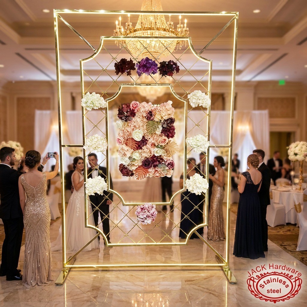 WENDING Gold Diamond Lattice Floral Backdrop Wall – LED Octagonal Frame Wedding Stage