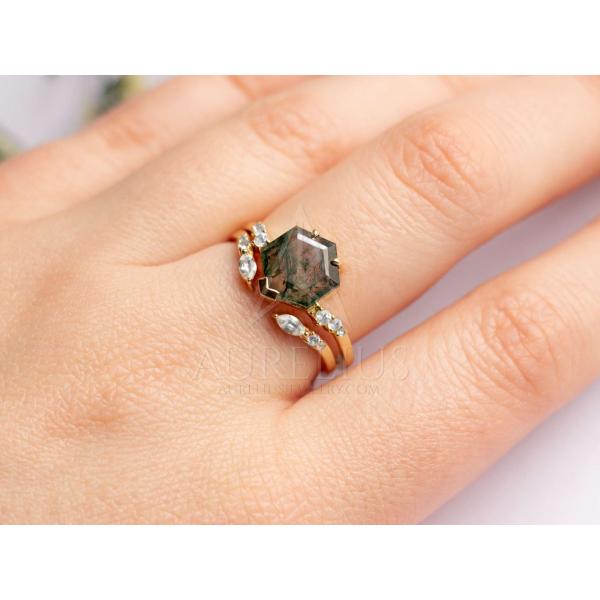 Large Hexagon Moss Agate Statement Wedding Cluster Ring Set