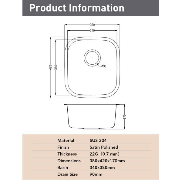 Modern Sus304 Stainless Steel Sink , Undermount Single Bowl Bar Sink 22 Gauge