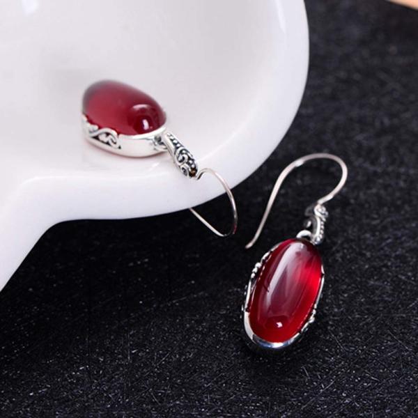 Sterling 925 Silver Retro Oval Synthetic Ruby Drop Dangle Earrings (049012)