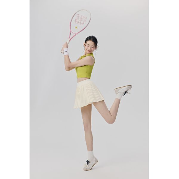 Brown Ribbed Sleeveless Polo Crop Top with Cream Pleated Skirt Set for Activewear and Casual Outfits