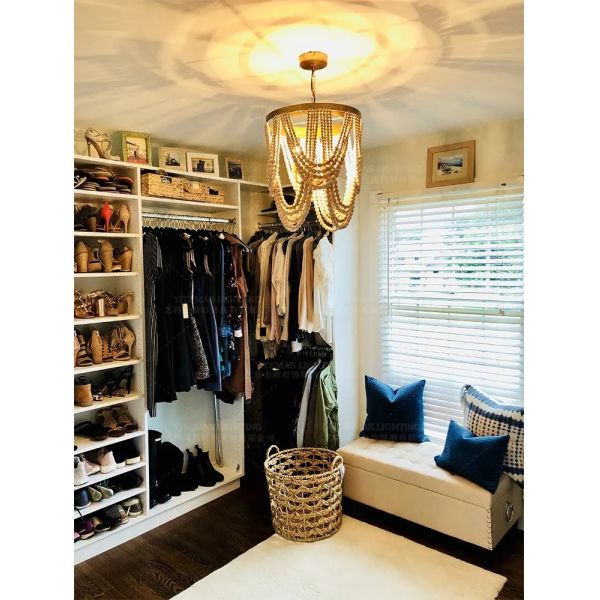 Gold Chandelier Wooden Beaded Lighting Fixture Fringe Hanging Light Silas Chandelier (WH-AP-652)