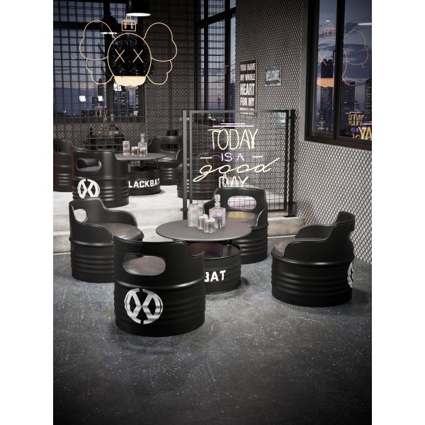 Black Oil Drum Table And Chair Tea Shop Metal Table And Chair Customized