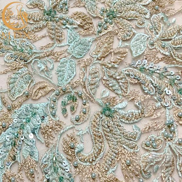140Cm Width 3D Embroidery Lace Fabric With African Beaded  5 Yards