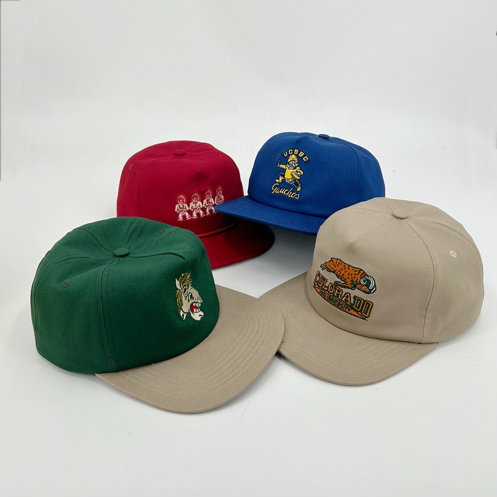 Embroidery Cotton 5 Panel Snapback Caps Custom Logo Flat Bill Unstructured Adjustable