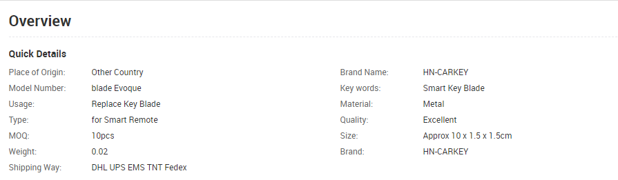 Keyless Smart Remote Insert Key Blade For Evoque Metal Uncut Key Blade