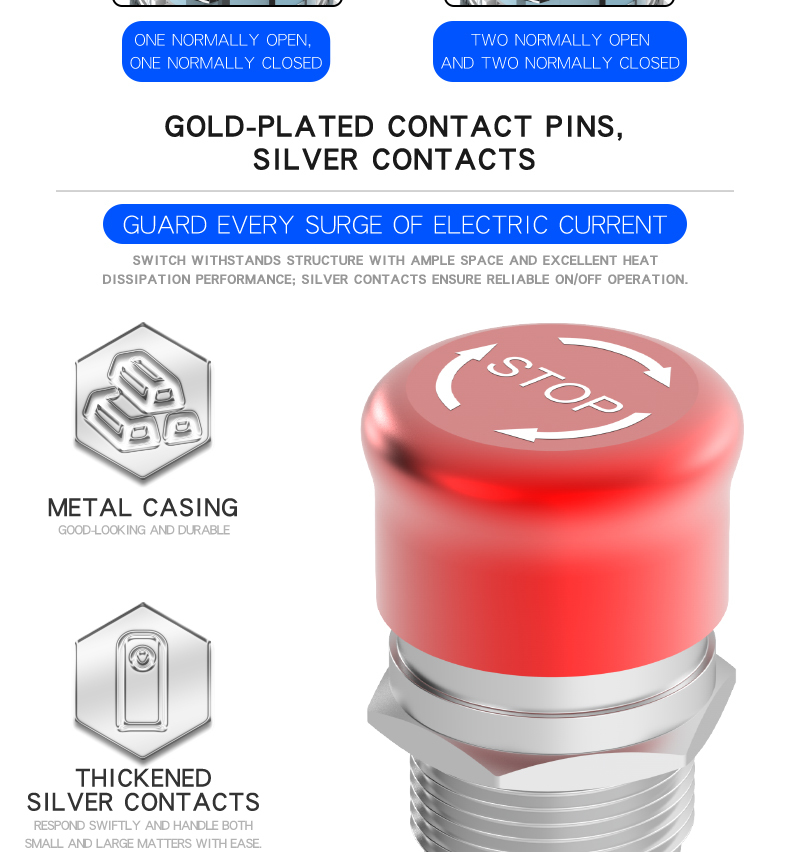 19mm Stainless Steel Metal Emergency Stop Button Switch Self-Locking Mushroom Head Equipment Power Emergency Cutoff