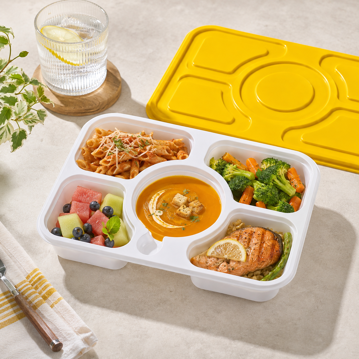 Extra Large Five Compartment Snap Lock Bowls PP Party Meal Tray Bulk Catering