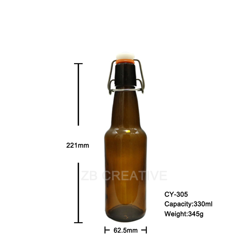 Modern Amber Flint Beer Glass Bottle 330ml Swing Cap Craft Brew Container 345g CY-305