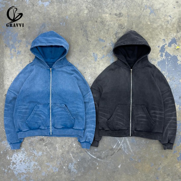 Heavyweight Retro Sweatshirt Mens Fleece Streetwear Kangaroo Pocket Solid Color