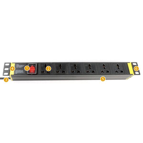 1U 6 way Cabinet PDU with Switch 250V, 10A Universal