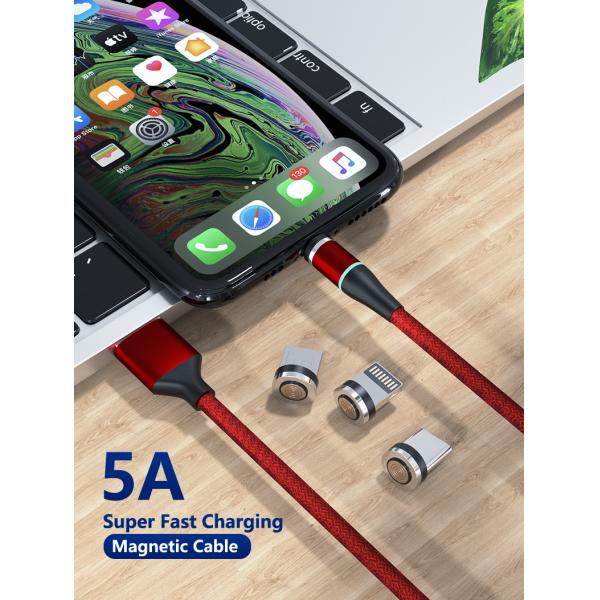 3A 5A 3 In 1 Braided Charging Cable LED Magnetic USB Type C  Fast Charging