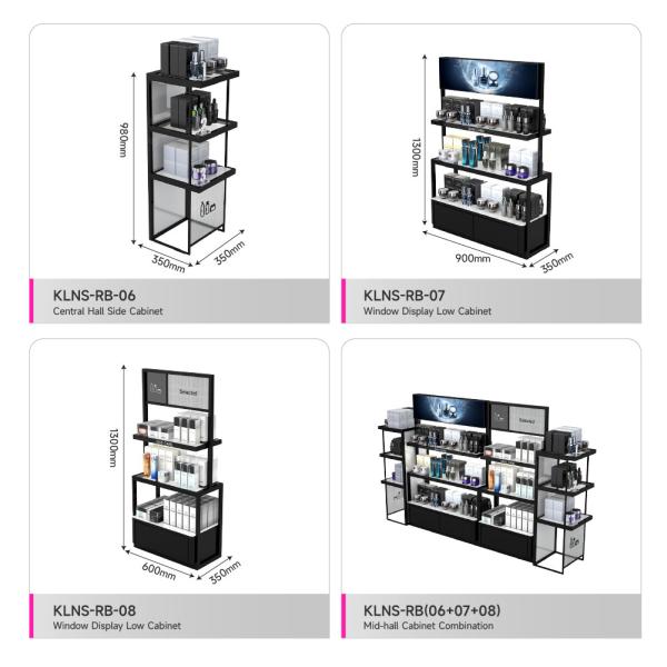 Wooden & Iron Middle Hall Side Display Stand Skincare Shop Display Shelves With Lightbox For Cosmetic Shop Interior Design