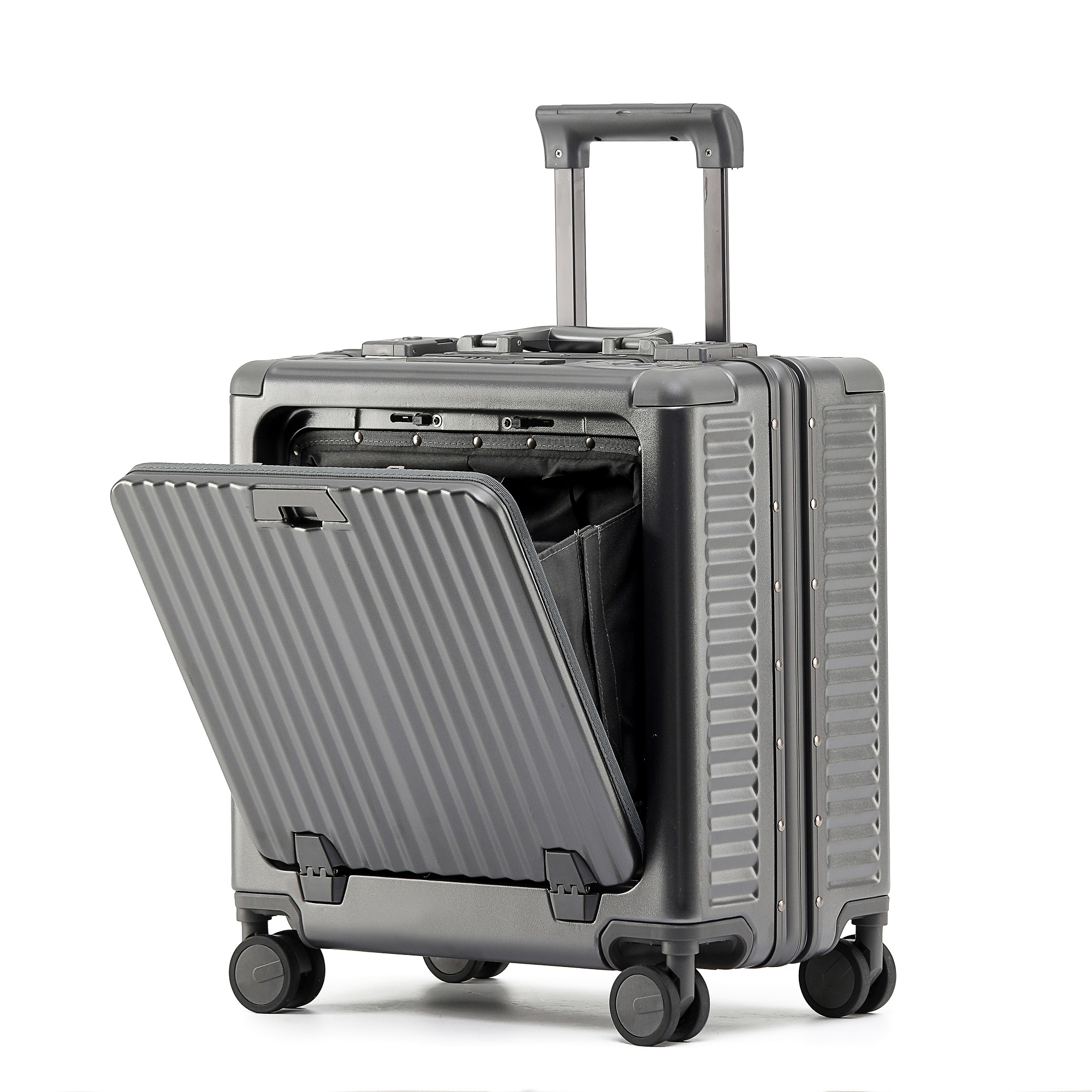 Luxury Aluminum Frame Suitcase Front Opening Zipper Travel Sentry Luggage