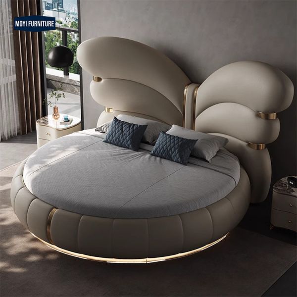 King Size Modern Design Bedroom Furniture Featuring Butterfly Headboard Soft Leather Upholstered Bed Stainless Steel Base