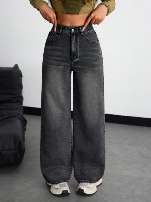 Inky gray high-waisted straight-leg jeans for women
