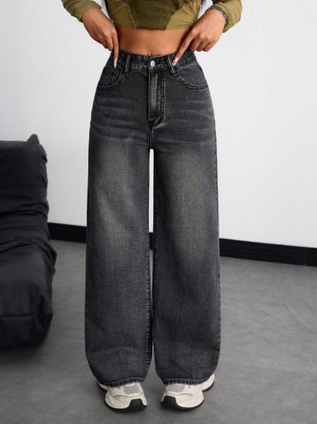 Inky gray high-waisted straight-leg jeans for women