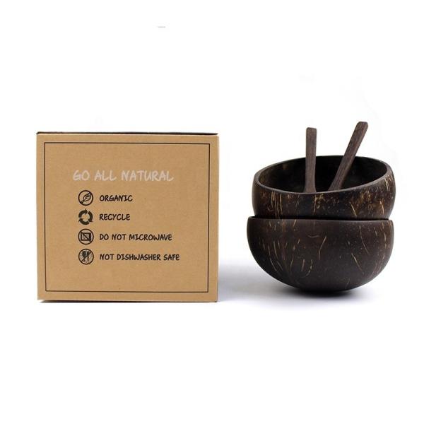 Customized Coconut Bowl with Flower Pattern Shell and Wooden Spoon Set Customized Box