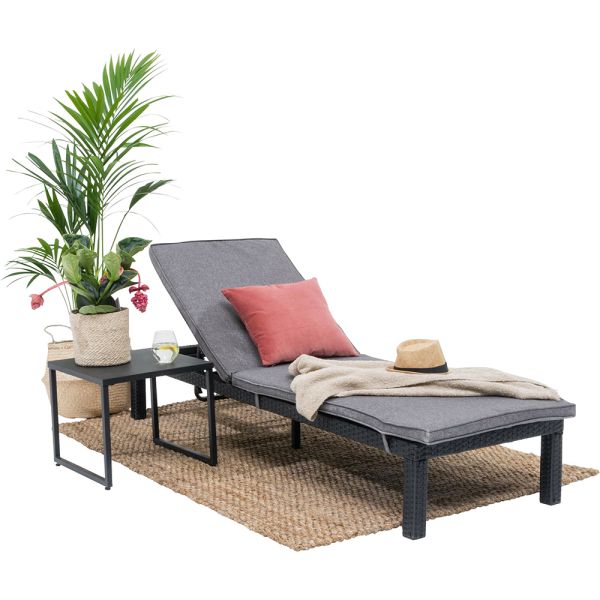 Outdoor Furniture Wicker Chaise Lounge Iron Frame Waterproof Fabric Rattan Sunbed Sun Loungers With Side Square Table