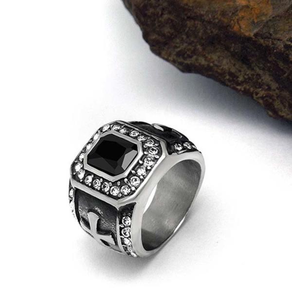 Vintage Inlay Mens Gothic Stainless Steel Band Ring with Black Cubic Zircon（SA566BLACK）
