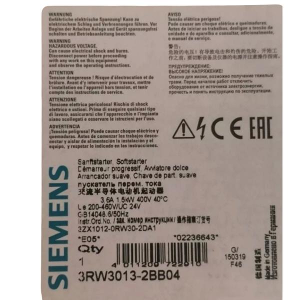 SIEMENS 3RW3013-2BB04 SIRIUS SOFT STARTER S00 3.6 A, 1.5 KW/400 V, 40 °C 200-480 V AC, 24 V AC/DC