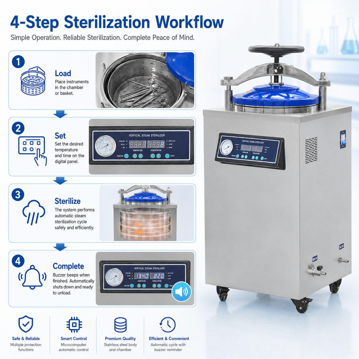 Cenlee Sample Preparation Lab Vertical Steam Sterilizer 116-134°C Microcomputer Control Stainless Steel Laboratory Autoclave