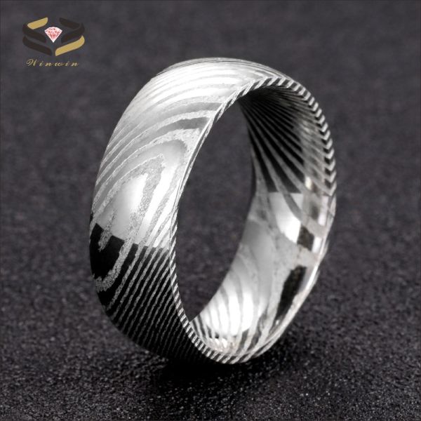 Simple Style 8mm Pure Damascus Steel Men's Wedding Ring with Black Plating