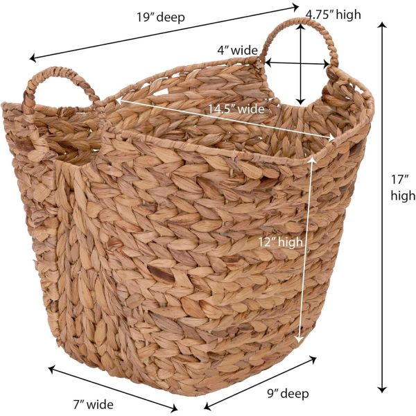 Tall Water Hyacinth Wicker Basket with Handles | Natural, Brown, Natural Bathroom Trash Can Boho Style - Wicker Trash Can With Lid For Household, Kitchen - Removable Liner, Iron Frame