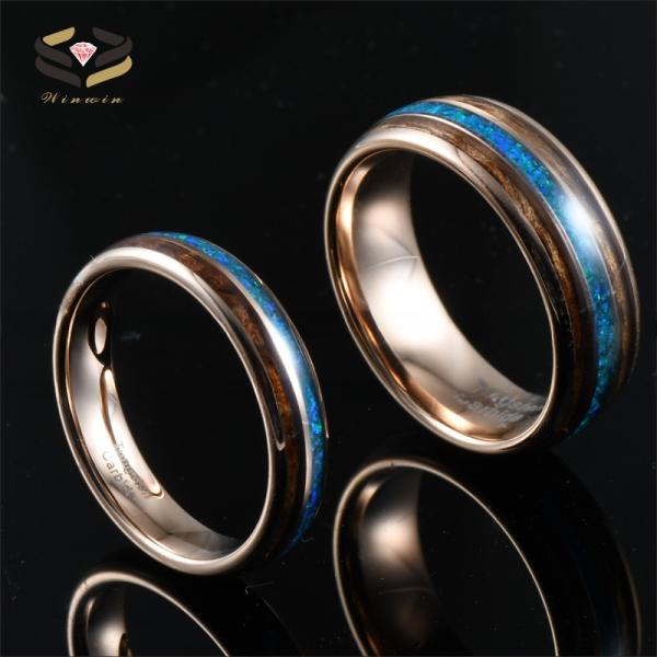 Anniversary Essential 5mm Rose Gold Women's Tungsten Ring with Wood Inlay and Opal Detail