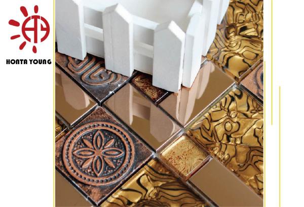 HTY - TG 300 300*300 Wholesale Luxury Style Gold Color Glass Mosaic Tile Foshan Factory