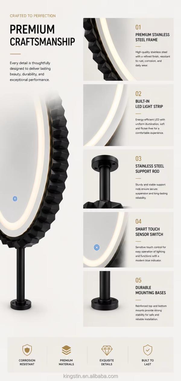 Kingstin Luxury Floating Suspended LED Mirror with Custom Size Black Stainless Steel Frame for Modern Bathrooms Hotel and Villas