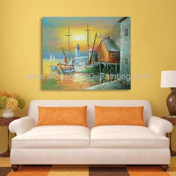 Porto da pintura a óleo dos barcos de Sailling, pintura de paisagem moderna do por do sol