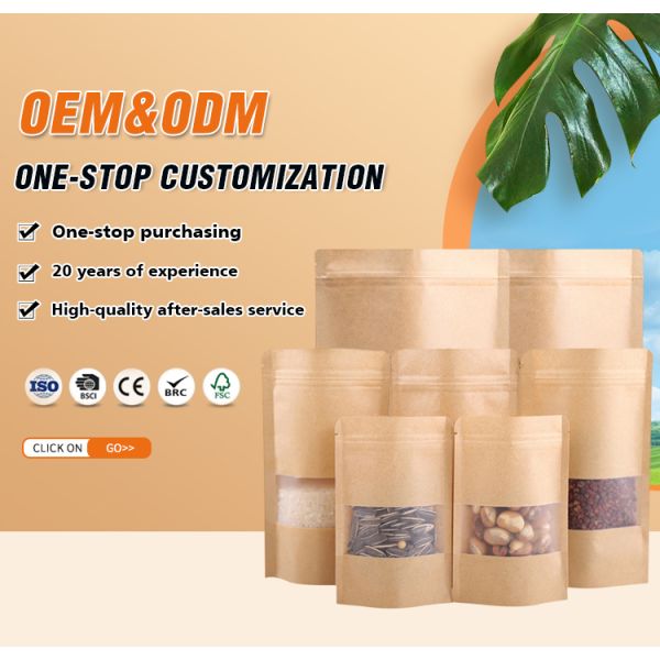 Wholesale Customized Brown Eco-friendly Sealed Transparent Food Packaging Bags Sealing Kraft Paper Bags