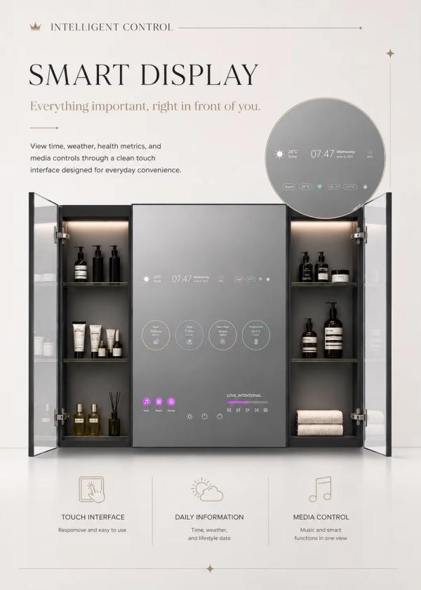 Kingstin Smart Backlit Stainless Steel LED TV Mirror Cabinet for Luxury Bathroom, 100% Custom Size Layout,