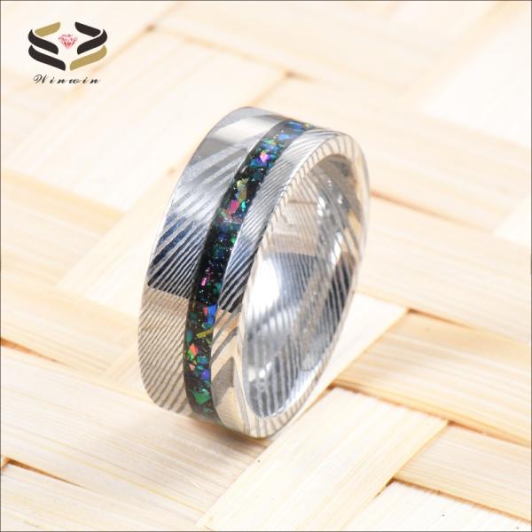 Galaxy Opal Silver Damascus Wedding Band custom Logo 8mm For Men