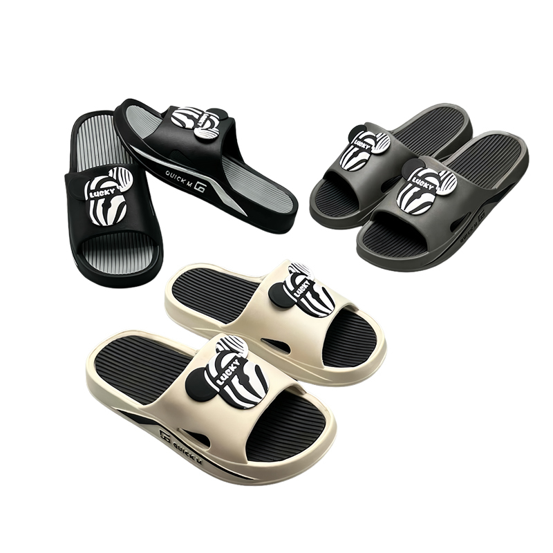 Factory Direct 100% Virgin EVA Men 3D Bear Slides, Striped Massage Insole Thick Sole Non-slip Casual Slippers