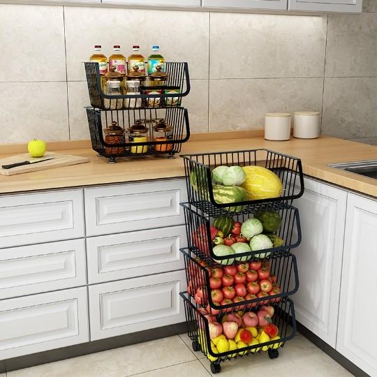 Black Kitchen Basket With Wheels Home Floor Multi-Layer Storage Rack Vegetable Rack