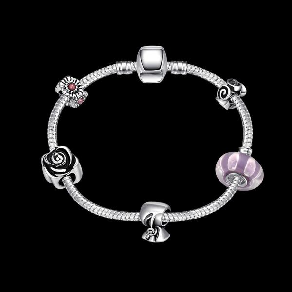 SJ Best Gift!!! Wholesale Top Quality Cheap Magnet Buckle Glaze Bead Steel Rope Chain Women Jewelry Rose Charm Bead Brac