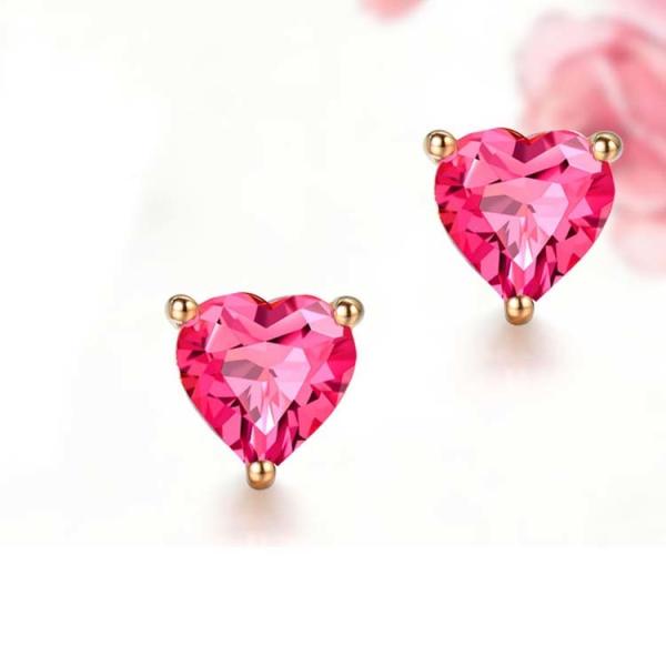 18K Rose Gold Ruby  Heart Shape Stud Earrings Women Jewelry(KE001PINK)