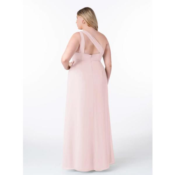 Fashionable Fitted Pleated Ruffle Chiffon Long Bridesmaid Dress Blushing Pink Sleeveless One-Shoulder Plus Size